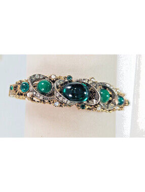 Vintage ART Arthur Pepper Bracelet 1960s Green Glass Cabochon Rhinestone Bangle